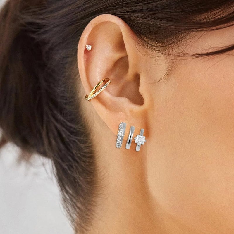 Obidos 14K Gold Plated Triple Huggie Illusion Stud Earrings | Double Huggie Hoop Earrings for One Hole | Gold Hoop Earrings for Women | Drop earrings - Image 2